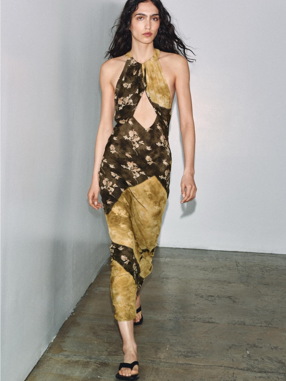 Zara Olive and Mustard Backless Halter Midi Dress